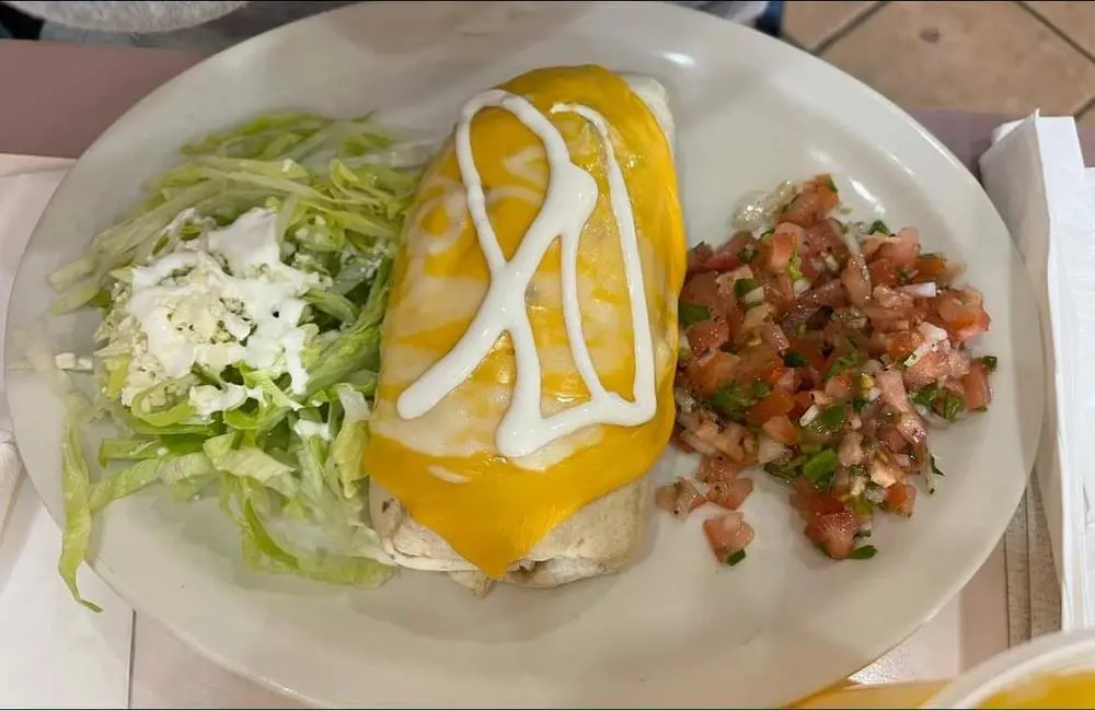 Burrito filled with meat, lettuce, tomato, onions, beans, cheese, and rice